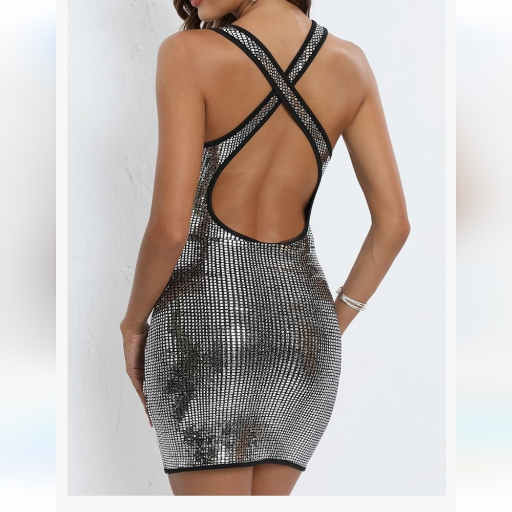 Sxidecgqi Silver /black sparkle bodycon mini Dress sz med sexy nwt - Picture 2 of 8